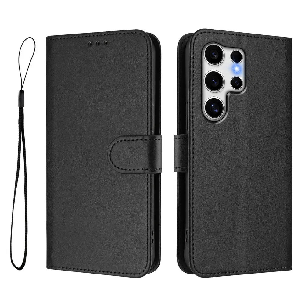 For Samsung Galaxy S25 Ultra Wallet Case RFID Blocking Calf Texture Leather Stand Phone Cover with Strap - Black - 1