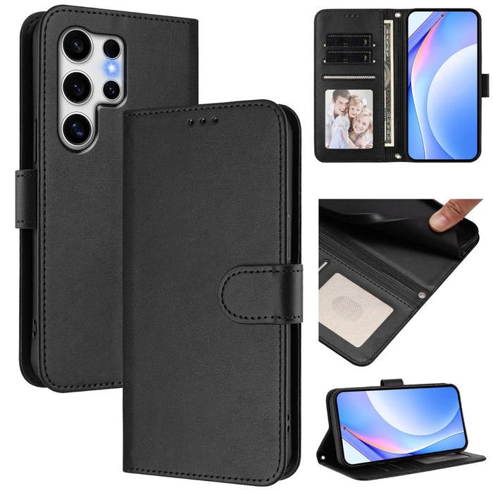 For Samsung Galaxy S25 Ultra Wallet Case RFID Blocking Calf Texture Leather Stand Phone Cover with Strap - Black - 2