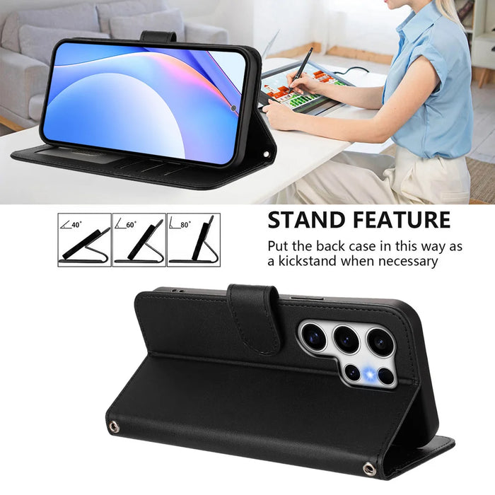 For Samsung Galaxy S25 Ultra Wallet Case RFID Blocking Calf Texture Leather Stand Phone Cover with Strap - Black - 4