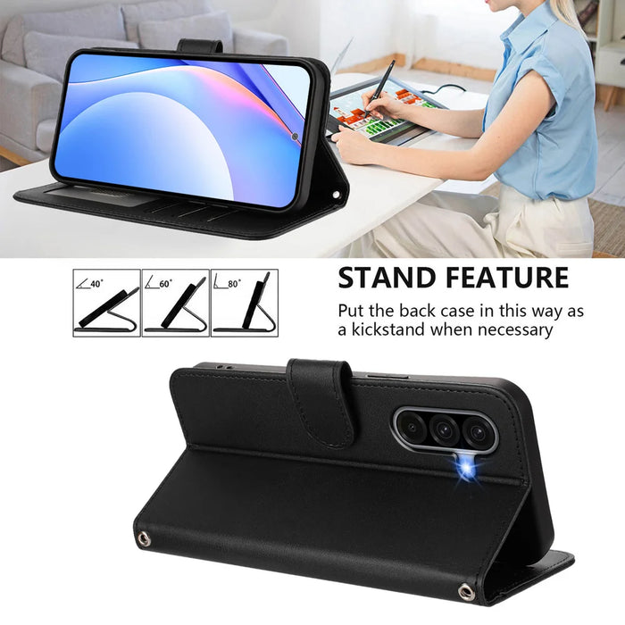 For Samsung Galaxy A37 5G / A56 5G / A36 5G Wallet Case RFID Blocking Calf Texture Leather Stand Phone Cover with Strap - Black - 4