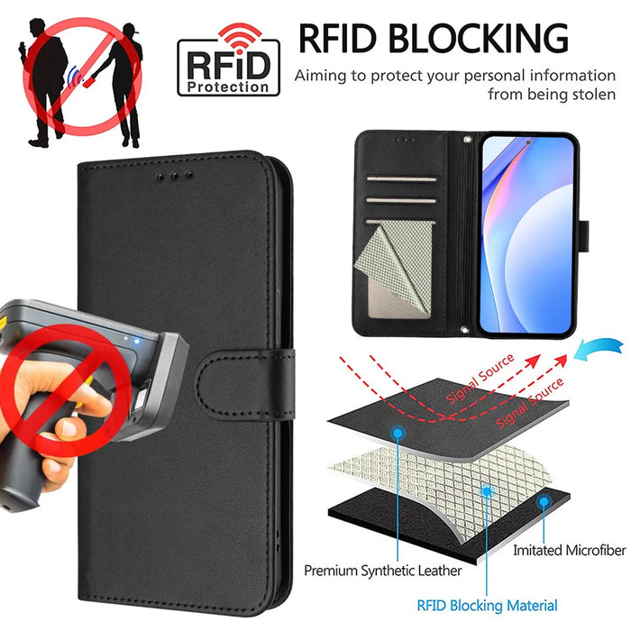 For Samsung Galaxy A16 4G / Galaxy A16 5G Wallet Case RFID Blocking Calf Texture Leather Stand Phone Cover with Strap - Black - 6