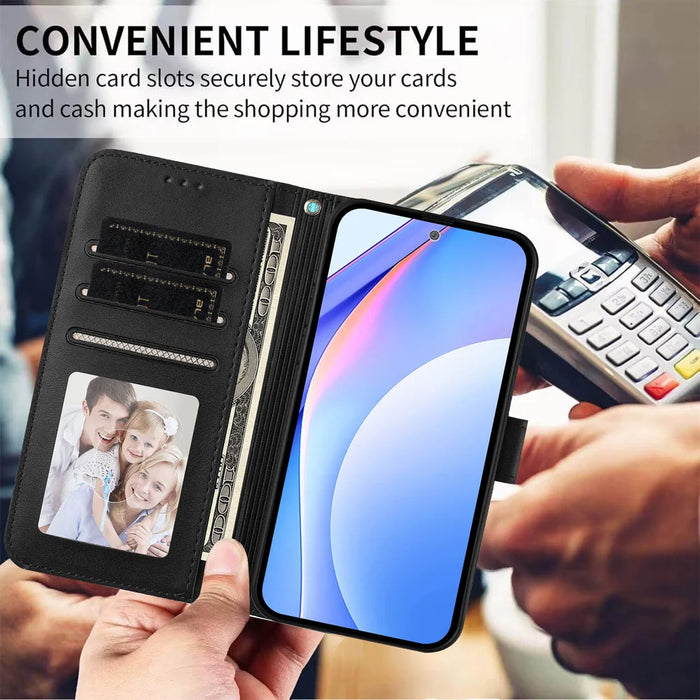 For Samsung Galaxy A16 4G / Galaxy A16 5G Wallet Case RFID Blocking Calf Texture Leather Stand Phone Cover with Strap - Black - 7