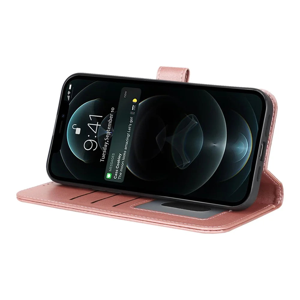 For iPhone 13 Pro Max / 12 Pro Max Stand Case Shockproof Leather Wallet Phone Cover - Rose Gold - 4