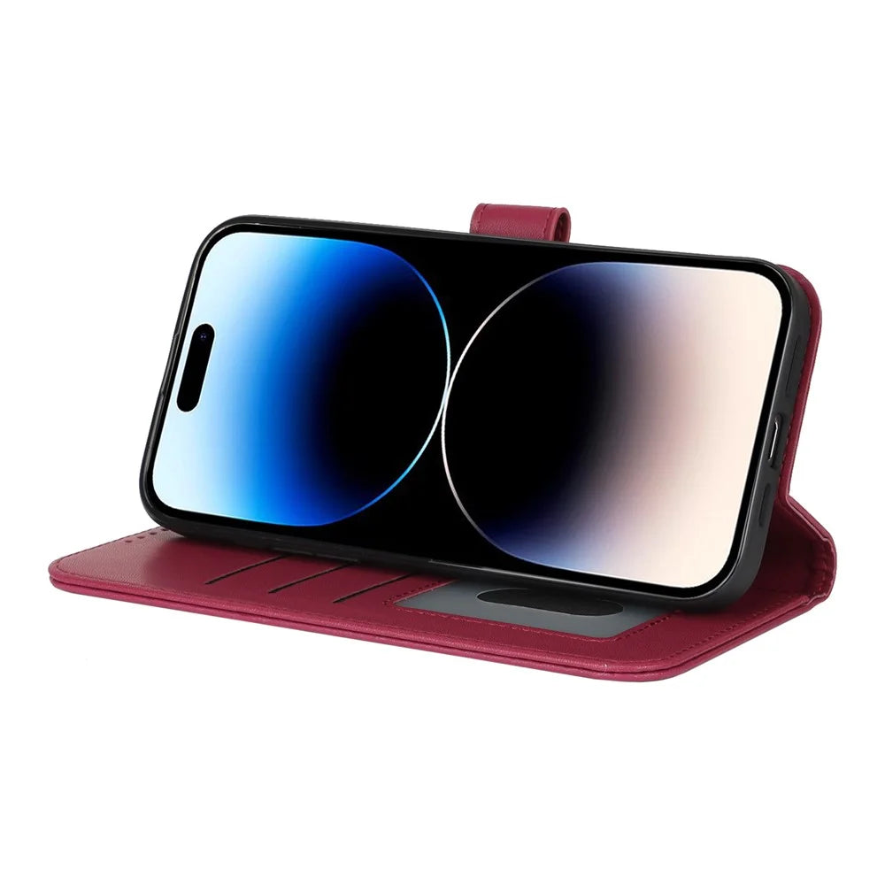 For iPhone 14 Pro Stand Case Shockproof Leather Wallet Phone Cover - Red - 4
