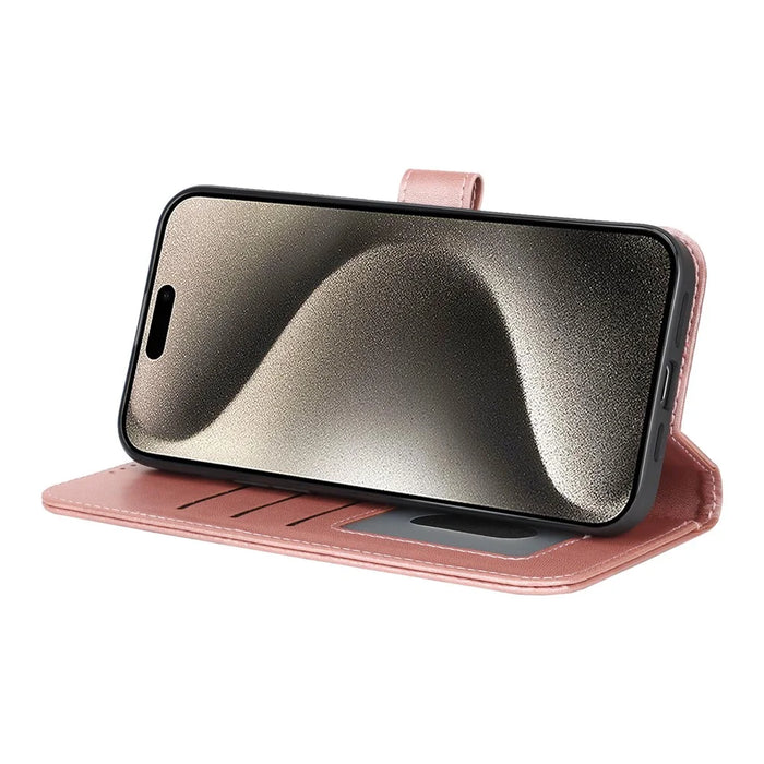 For iPhone 15 Pro Stand Case Shockproof Leather Wallet Phone Cover - Rose Gold - 4