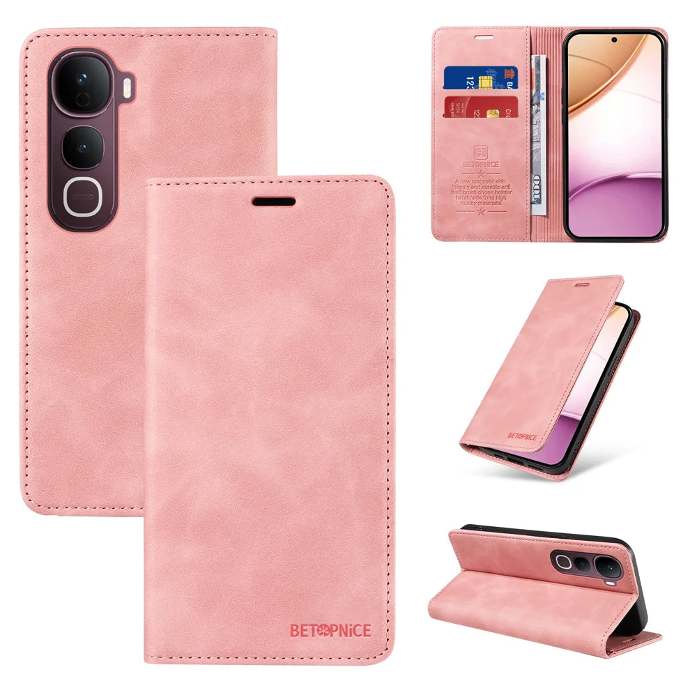 BETOPNICE For vivo Y400 Pro 5G / vivo V40e 5G Case  Magnetic Closure RFID Blocking Wallet Stand Leather Phone Cover - Pink - 3