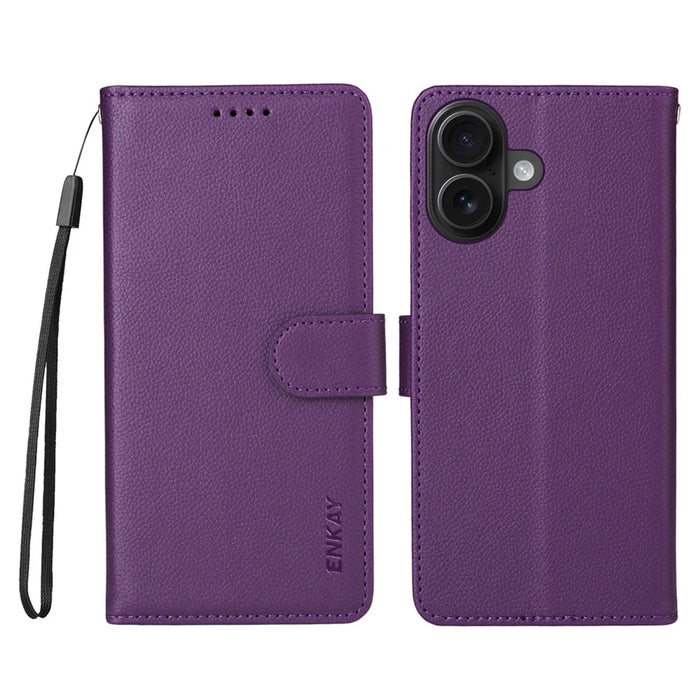 ENKAY HAT PRINCE For iPhone 16 Plus Wallet Case with Strap RFID Blocking Leather Stand Phone Cover - Purple - 1