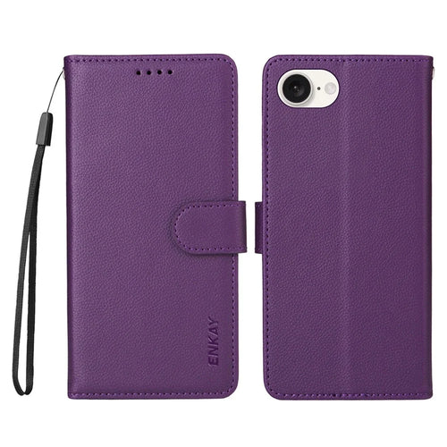 ENKAY HAT PRINCE For iPhone 17e / 16e Wallet Case with Strap RFID Blocking Leather Stand Phone Cover - Purple - 1