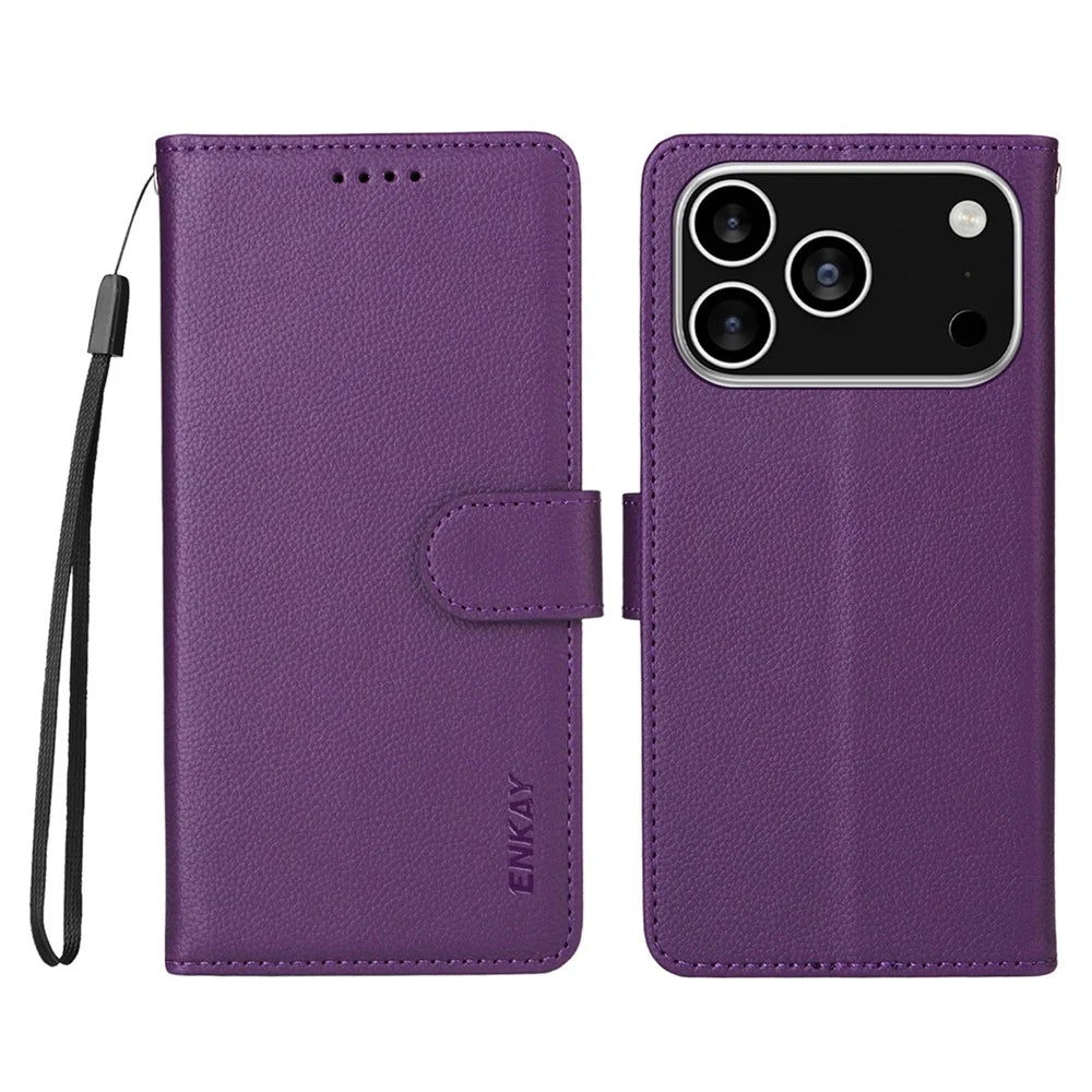 ENKAY HAT PRINCE For iPhone 17 Pro Wallet Case with Strap RFID Blocking Leather Stand Phone Cover - Purple - 1