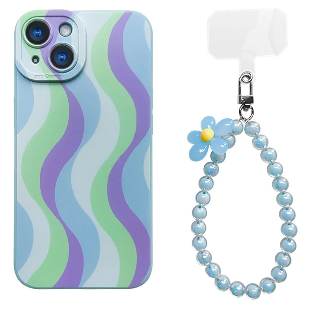 For iPhone 15 Case with Phone Tether Tabs Protective TPU Phone Cover Wave Pattern Design - Purple / Blue - 1