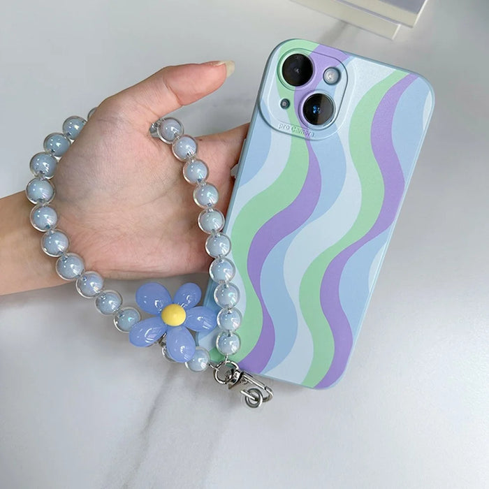 For iPhone 15 Case with Phone Tether Tabs Protective TPU Phone Cover Wave Pattern Design - Purple / Blue - 2