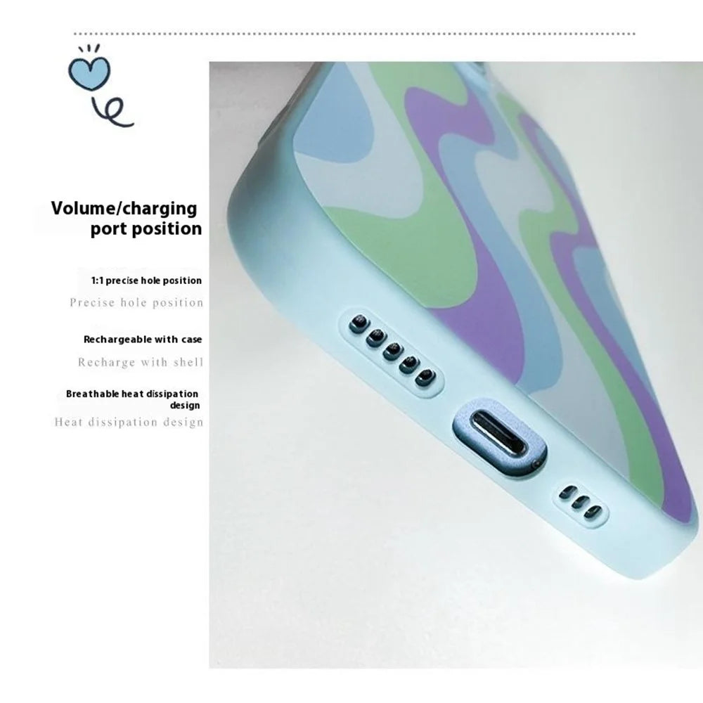 For iPhone 15 Plus Case with Phone Tether Tabs Protective TPU Phone Cover Wave Pattern Design - Purple / Blue - 3