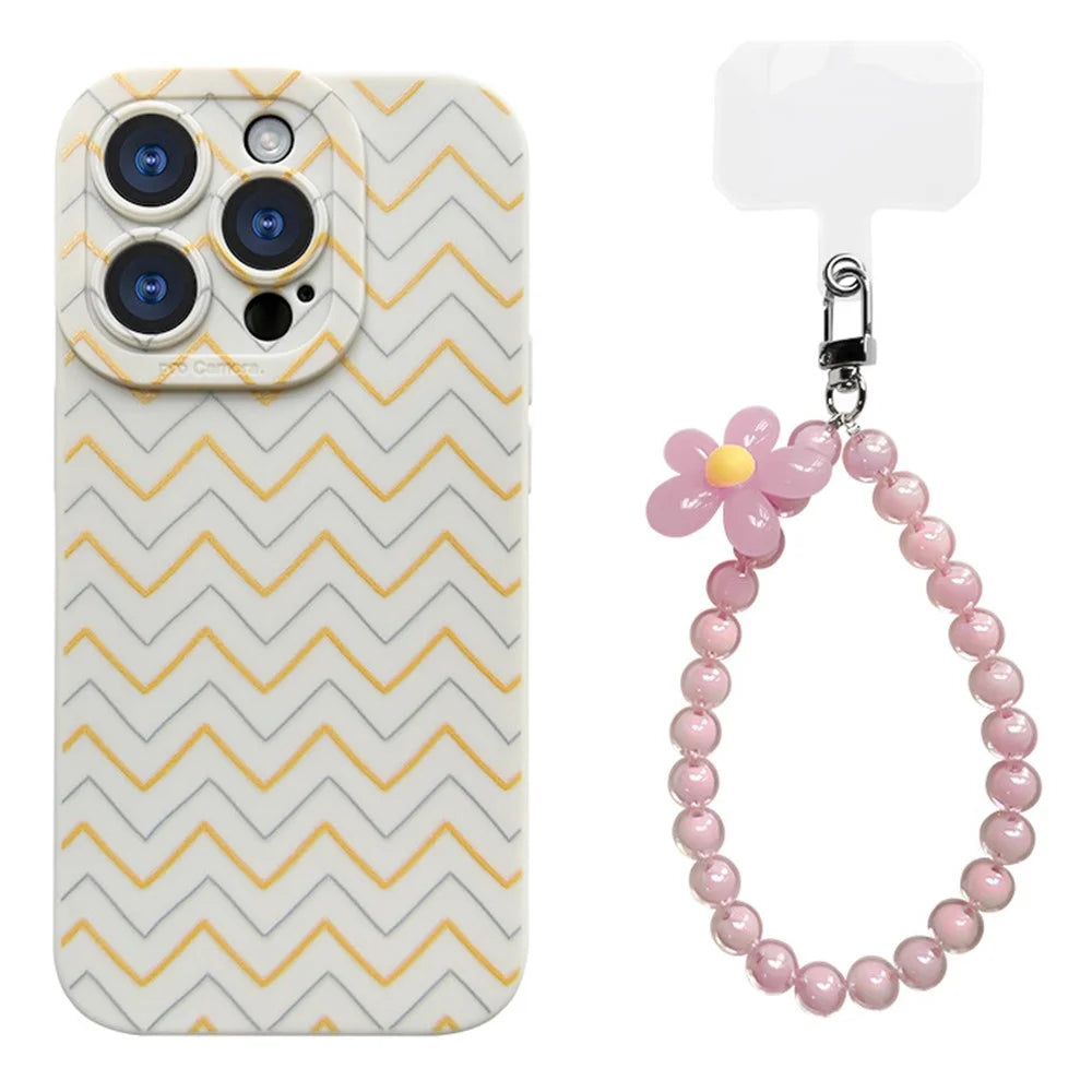 For iPhone 16 Pro Max Case with Phone Tether Tabs Protective TPU Phone Cover Wave Pattern Design - Yellow / Pink - 1