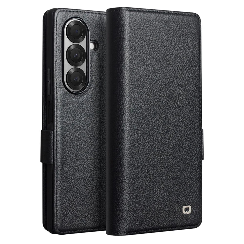 QIALINO For Samsung Galaxy Z Fold7 5G Case with Card Holder Genuine Cow Leather Stand Phone Cover - Black - 1