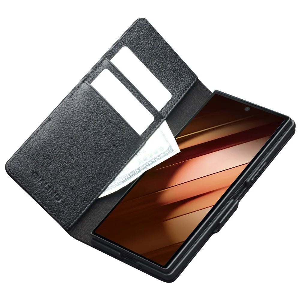 QIALINO For Samsung Galaxy Z Fold7 5G Case with Card Holder Genuine Cow Leather Stand Phone Cover - Black - 2