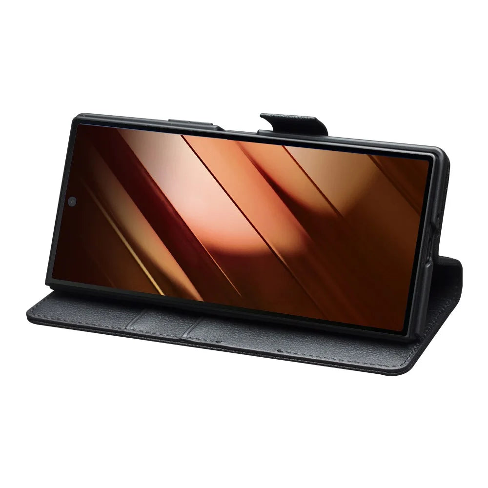 QIALINO For Samsung Galaxy Z Fold7 5G Case with Card Holder Genuine Cow Leather Stand Phone Cover - Black - 3