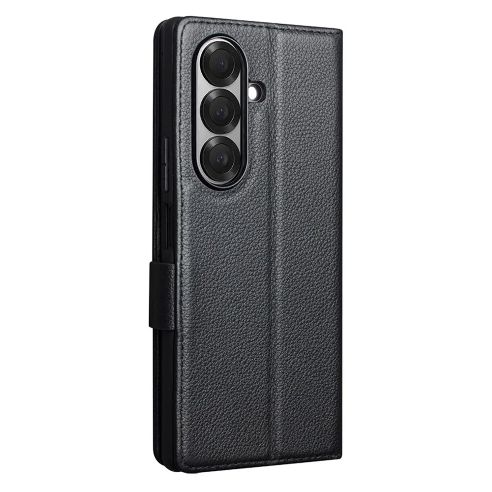QIALINO For Samsung Galaxy Z Fold7 5G Case with Card Holder Genuine Cow Leather Stand Phone Cover - Black - 5