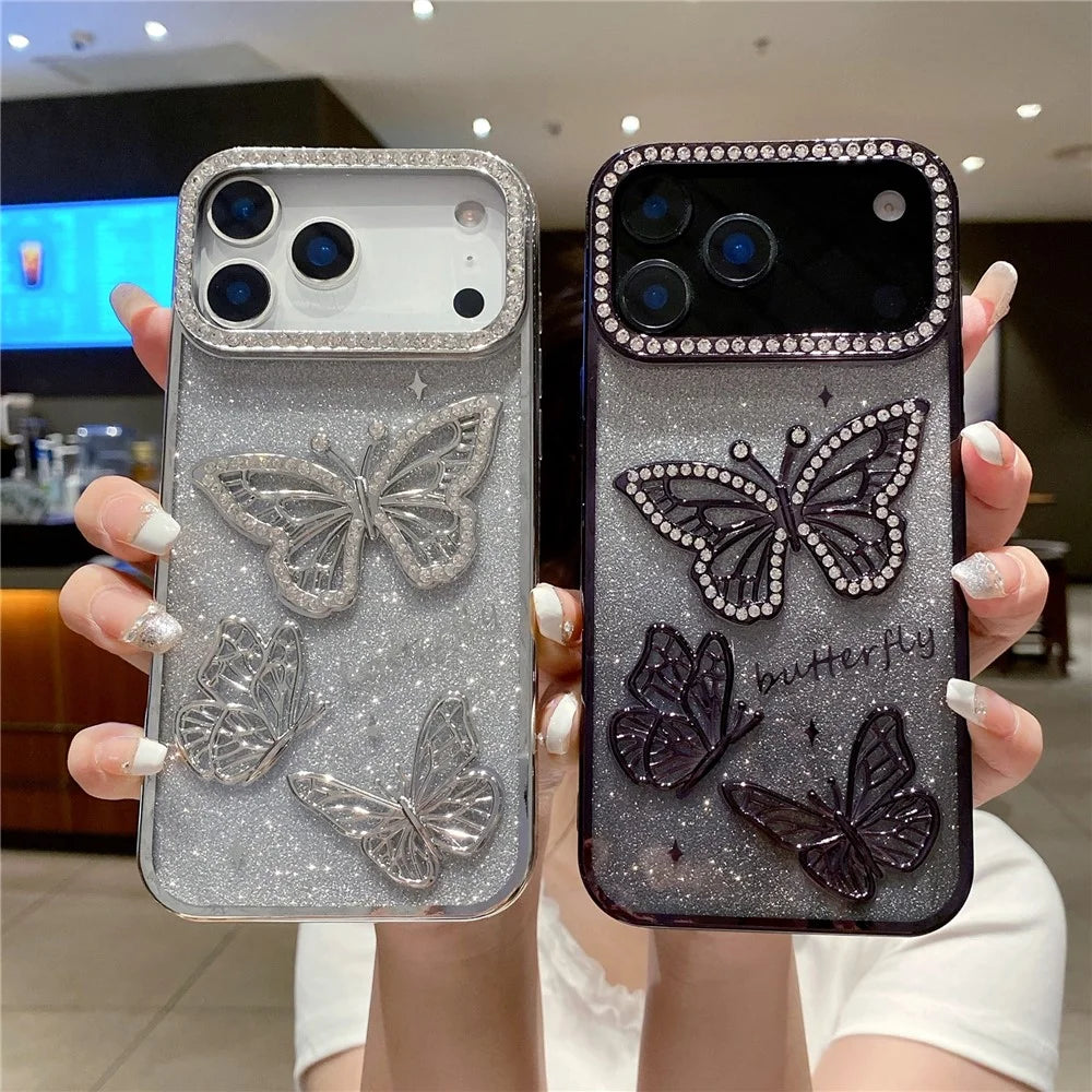 For iPhone 18 Pro Max / 17 Pro Max Case Rhinestone Butterfly Decor TPU Phone Back Cover - Gold - 3