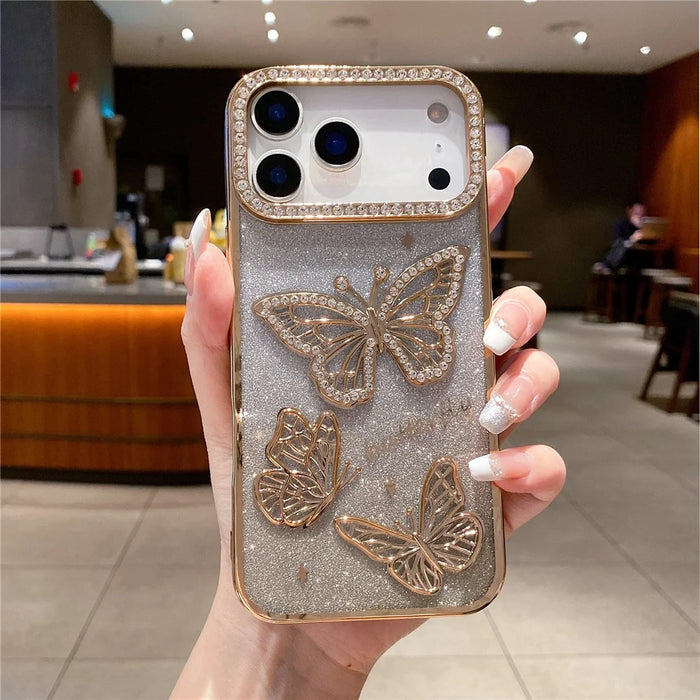 For iPhone 18 Pro / 17  Pro Case Rhinestone Butterfly Decor TPU Phone Back Cover - Gold - 1