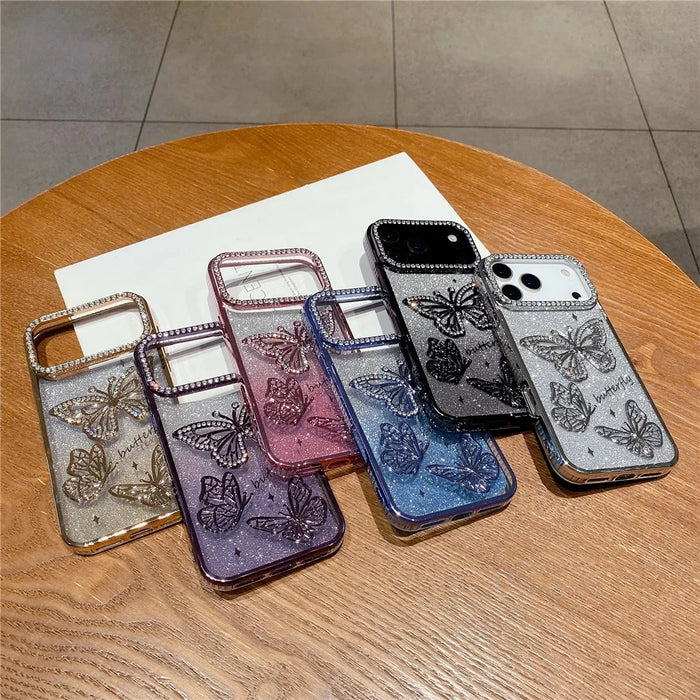 For iPhone 18 Pro / 17  Pro Case Rhinestone Butterfly Decor TPU Phone Back Cover - Gold - 5
