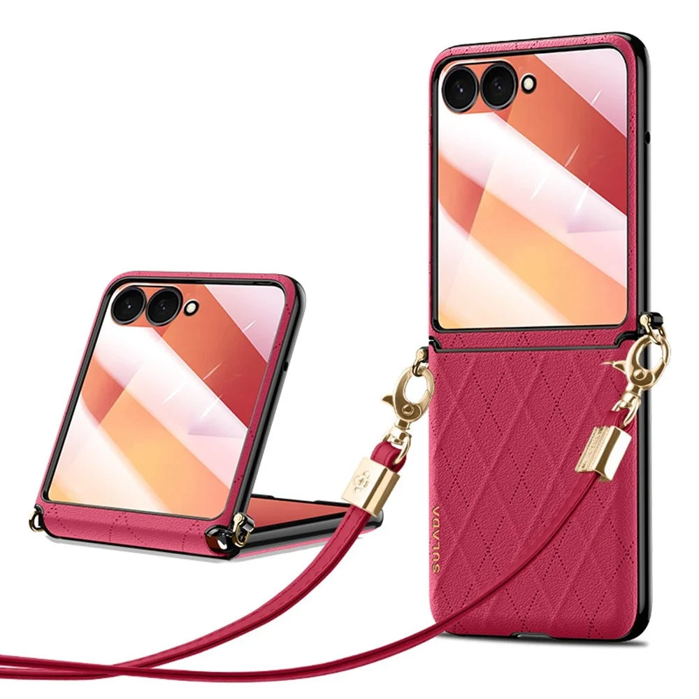 SULADA For Samsung Galaxy Z Flip7 5G Case Rhombus Leather+PC Phone Cover with Shoulder Strap - Red - 1
