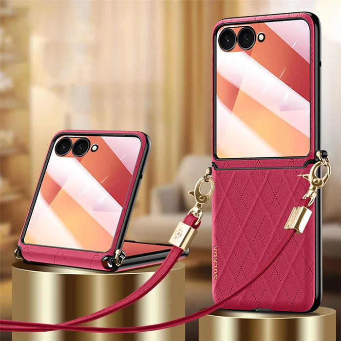 SULADA For Samsung Galaxy Z Flip7 5G Case Rhombus Leather+PC Phone Cover with Shoulder Strap - Red - 3