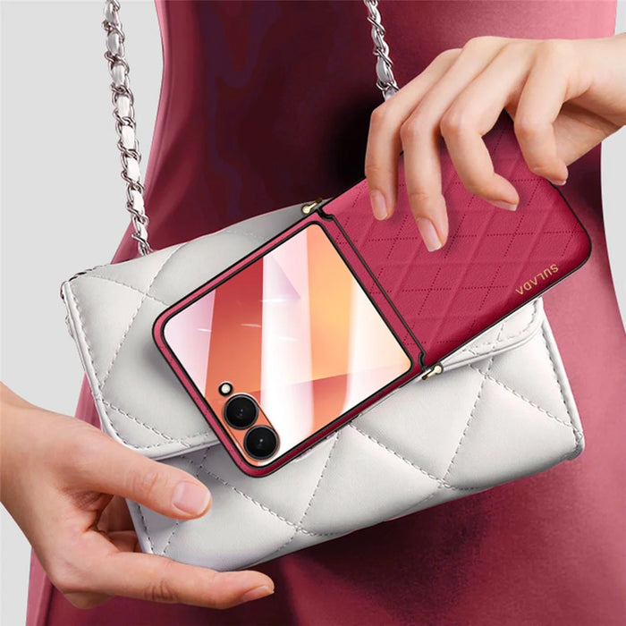 SULADA For Samsung Galaxy Z Flip7 5G Case Rhombus Leather+PC Phone Cover with Shoulder Strap - Red - 4