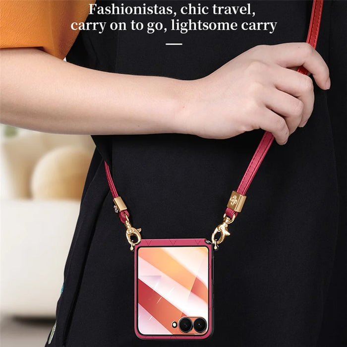 SULADA For Samsung Galaxy Z Flip7 5G Case Rhombus Leather+PC Phone Cover with Shoulder Strap - Red - 5