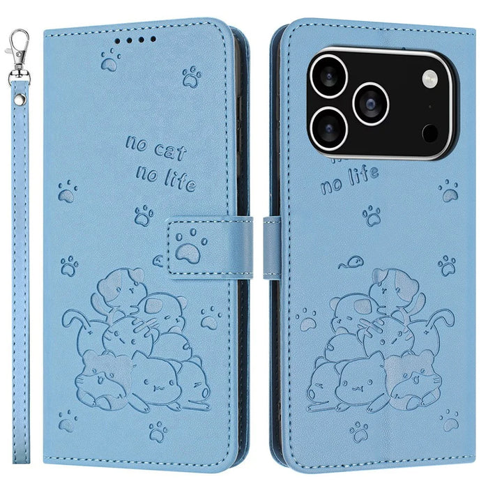 For iPhone 18 Pro / 17 Pro Wallet Case Cats Imprint Leather Phone Cover with Strap - Blue - 1