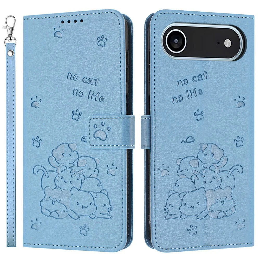 For iPhone Air Wallet Case Cats Imprint Leather Phone Cover with Strap - Blue - 1