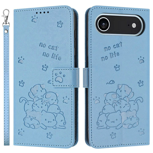 For iPhone Air Wallet Case Cats Imprint Leather Phone Cover with Strap - Blue - 1