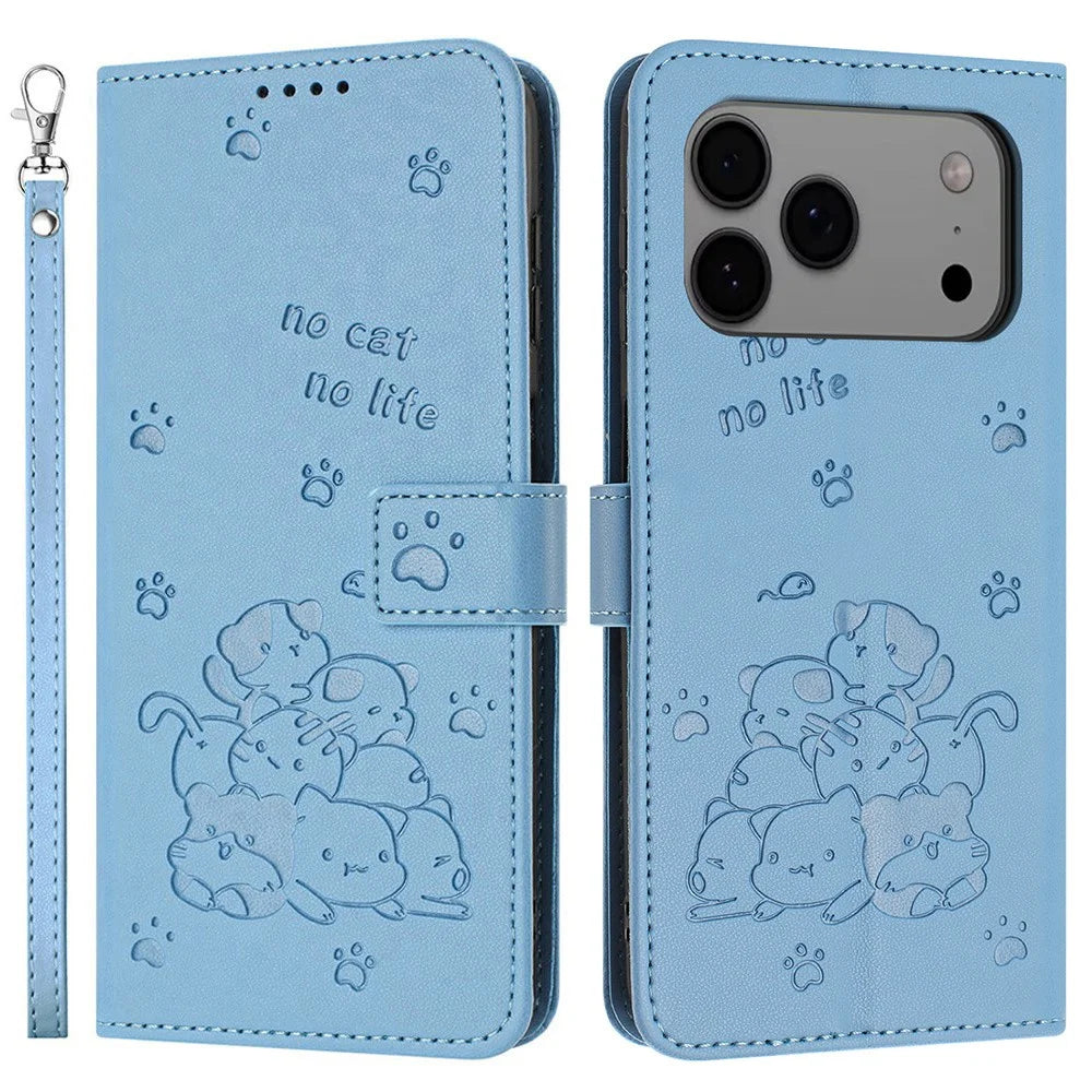 For iPhone 18 Pro Max / 17 Pro Max Wallet Case Cats Imprint Leather Phone Cover with Strap - Blue - 1
