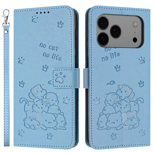 For iPhone 18 Pro Max / 17 Pro Max Wallet Case Cats Imprint Leather Phone Cover with Strap - Blue - 1