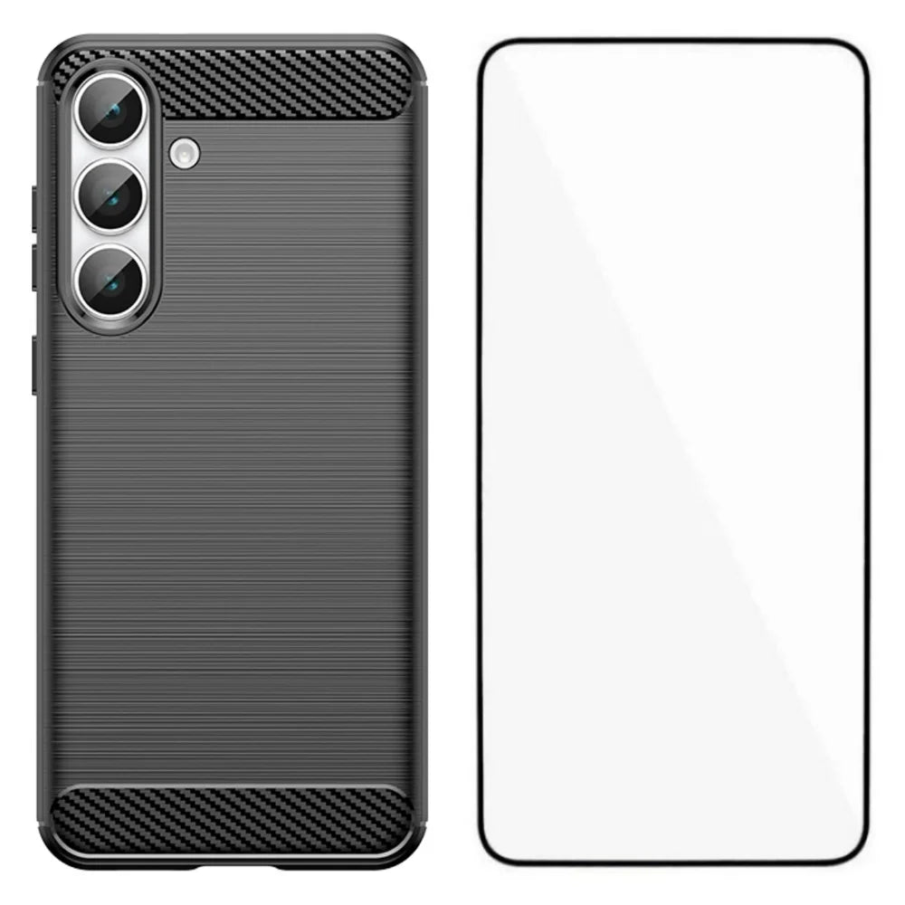 WANLONFENG For Samsung Galaxy S25 FE Case with Tempered Glass  LS Series Brushed Texture TPU Phone Cover - Black - 1