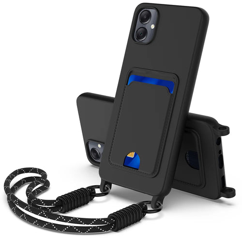 For Samsung Galaxy F05 / Galaxy M05 4G / Galaxy A05 4G Liquid Silicone Case  Phone Back Cover with Card Holder and Short Strap - Black - 1