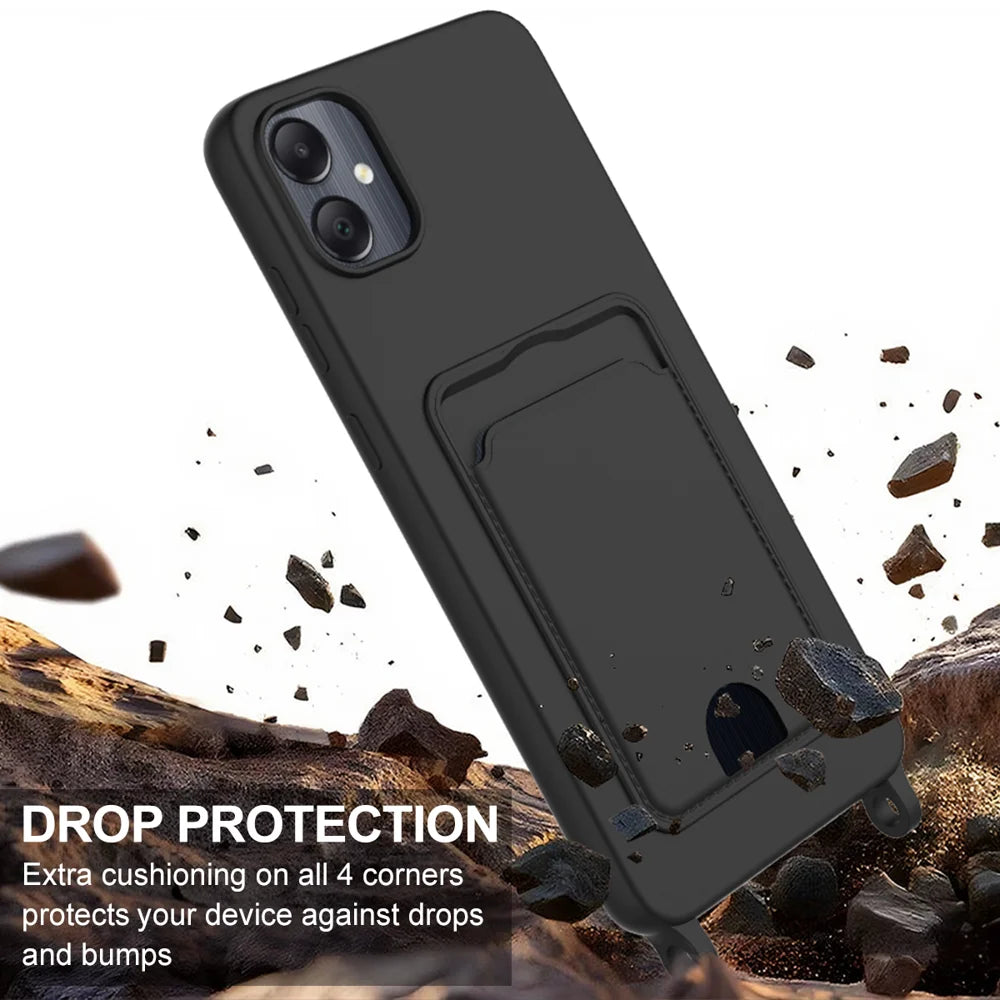 For Samsung Galaxy F05 / Galaxy M05 4G / Galaxy A05 4G Liquid Silicone Case  Phone Back Cover with Card Holder and Short Strap - Black - 5