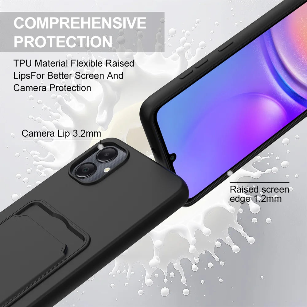 For Samsung Galaxy F05 / Galaxy M05 4G / Galaxy A05 4G Liquid Silicone Case  Phone Back Cover with Card Holder and Short Strap - Black - 7