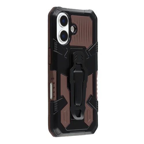 For iPhone 16 Case with Kickstand Belt Clip Design TPU + PC Phone Back Cover - Coffee - 1
