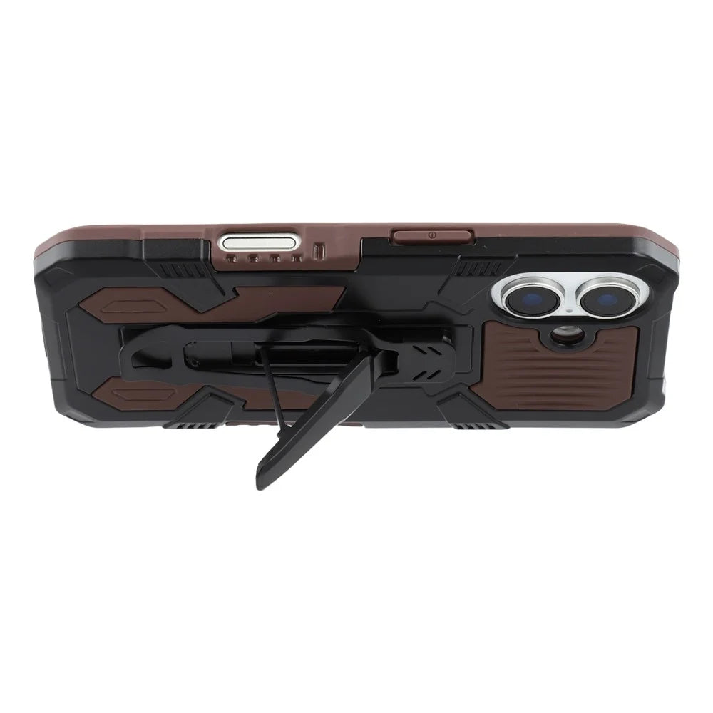 For iPhone 16 Case with Kickstand Belt Clip Design TPU + PC Phone Back Cover - Coffee - 4