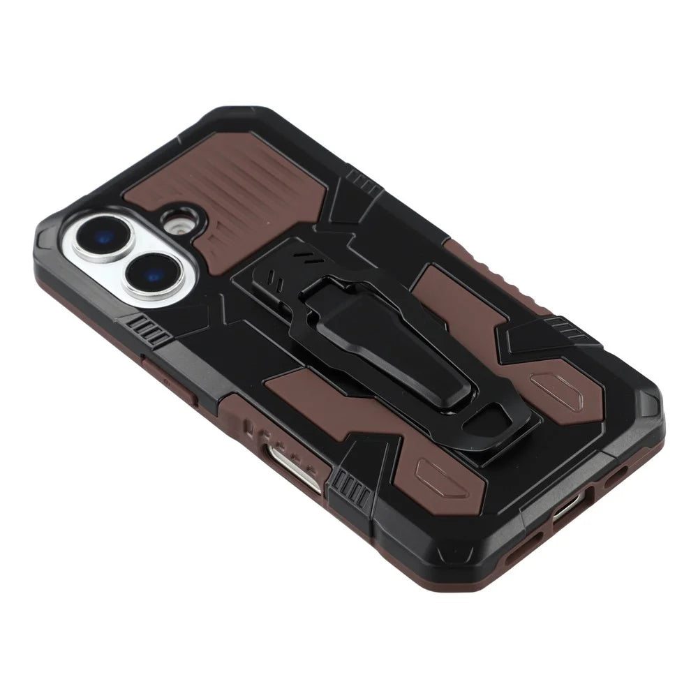 For iPhone 16 Case with Kickstand Belt Clip Design TPU + PC Phone Back Cover - Coffee - 5