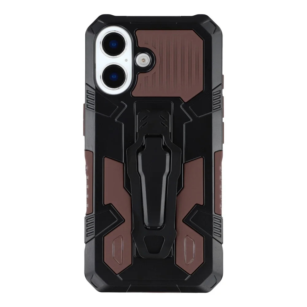 For iPhone 16 Plus Case with Kickstand Belt Clip Design TPU + PC Phone Back Cover - Coffee - 3