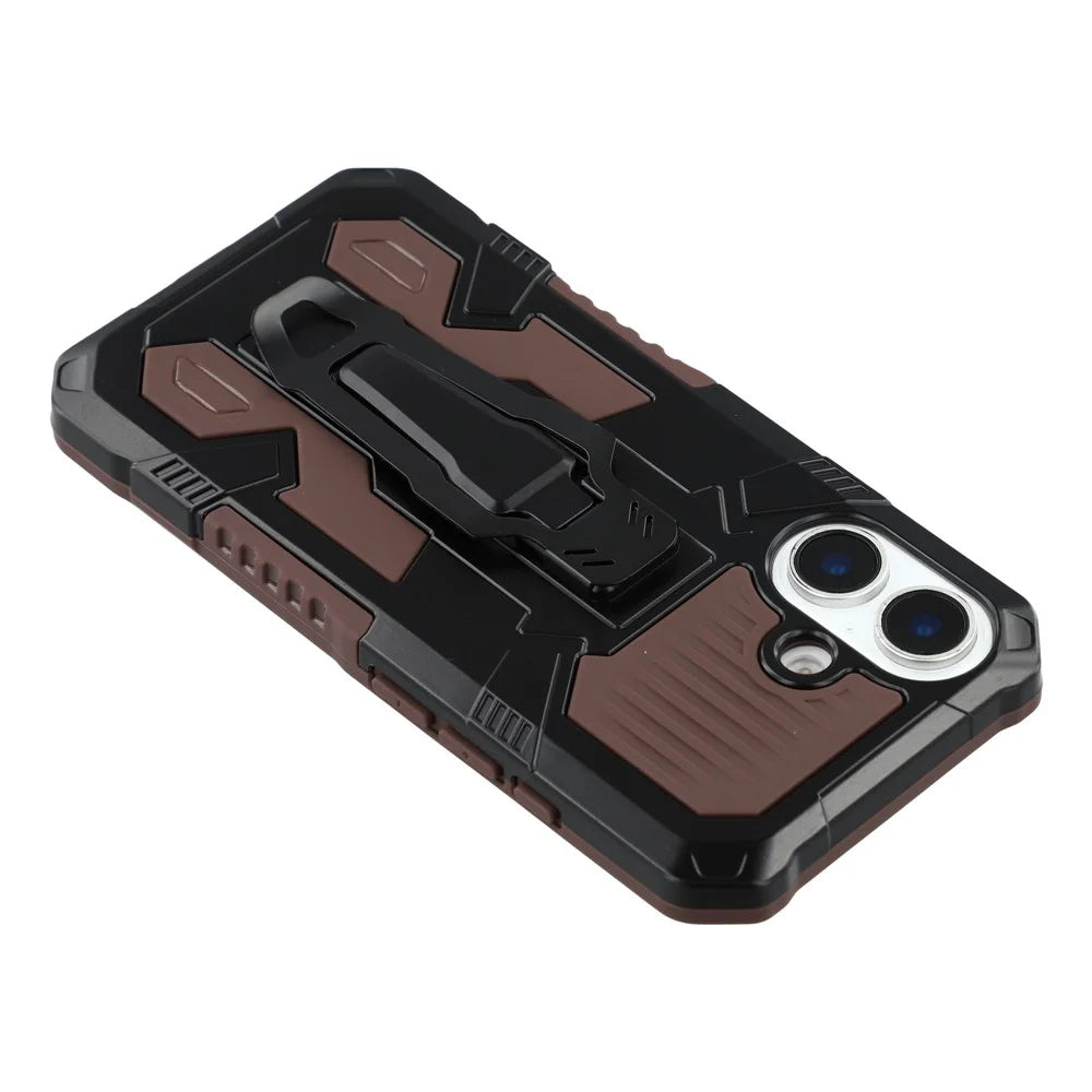 For iPhone 16 Plus Case with Kickstand Belt Clip Design TPU + PC Phone Back Cover - Coffee - 6