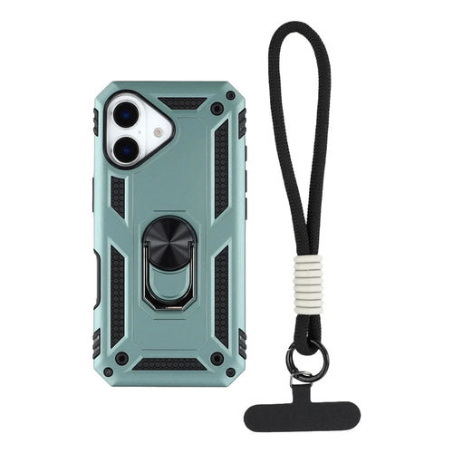For iPhone 17 Case with Wrist Strap Kickstand PC + TPU Phone Cover - Blackish Green - 1