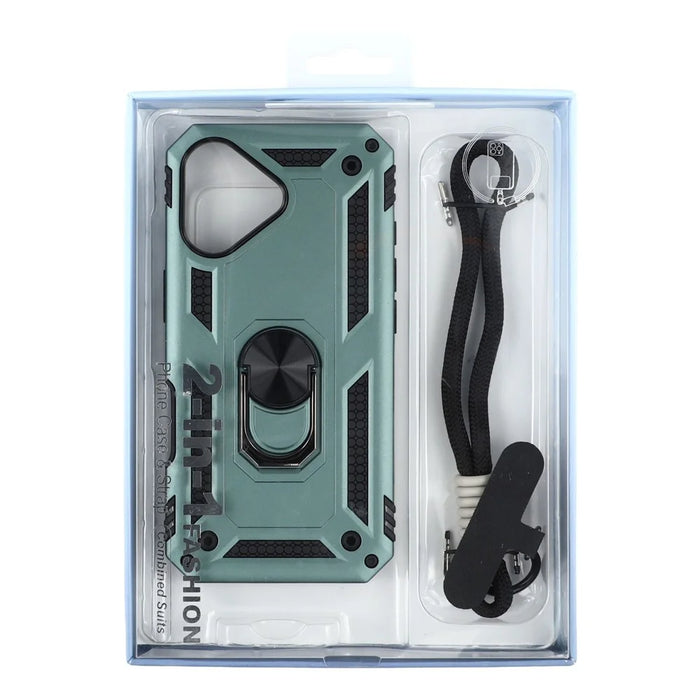 For iPhone 17 Case with Wrist Strap Kickstand PC + TPU Phone Cover - Blackish Green - 7