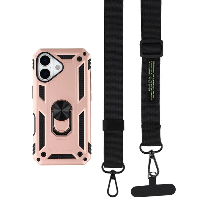 For iPhone 17 Case with Shoulder Strap Kickstand PC + TPU Phone Cover - Rose Gold - 1