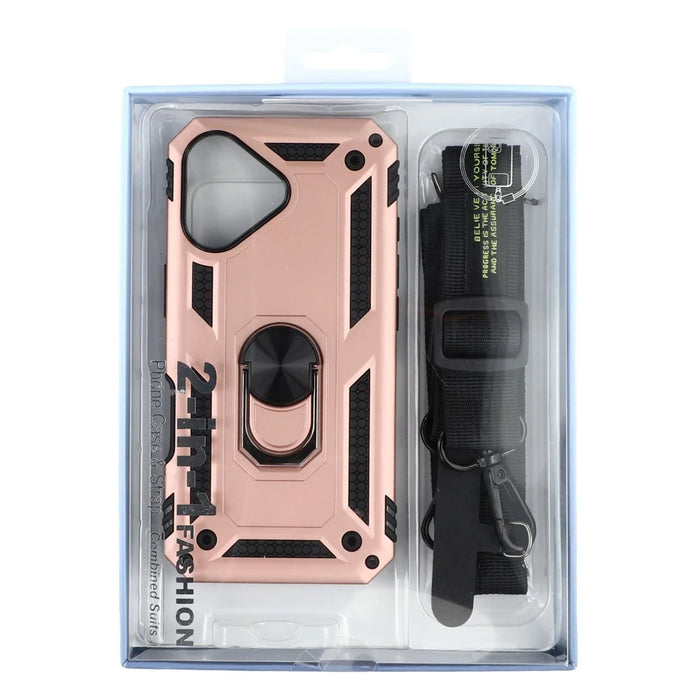 For iPhone 17 Case with Shoulder Strap Kickstand PC + TPU Phone Cover - Rose Gold - 7