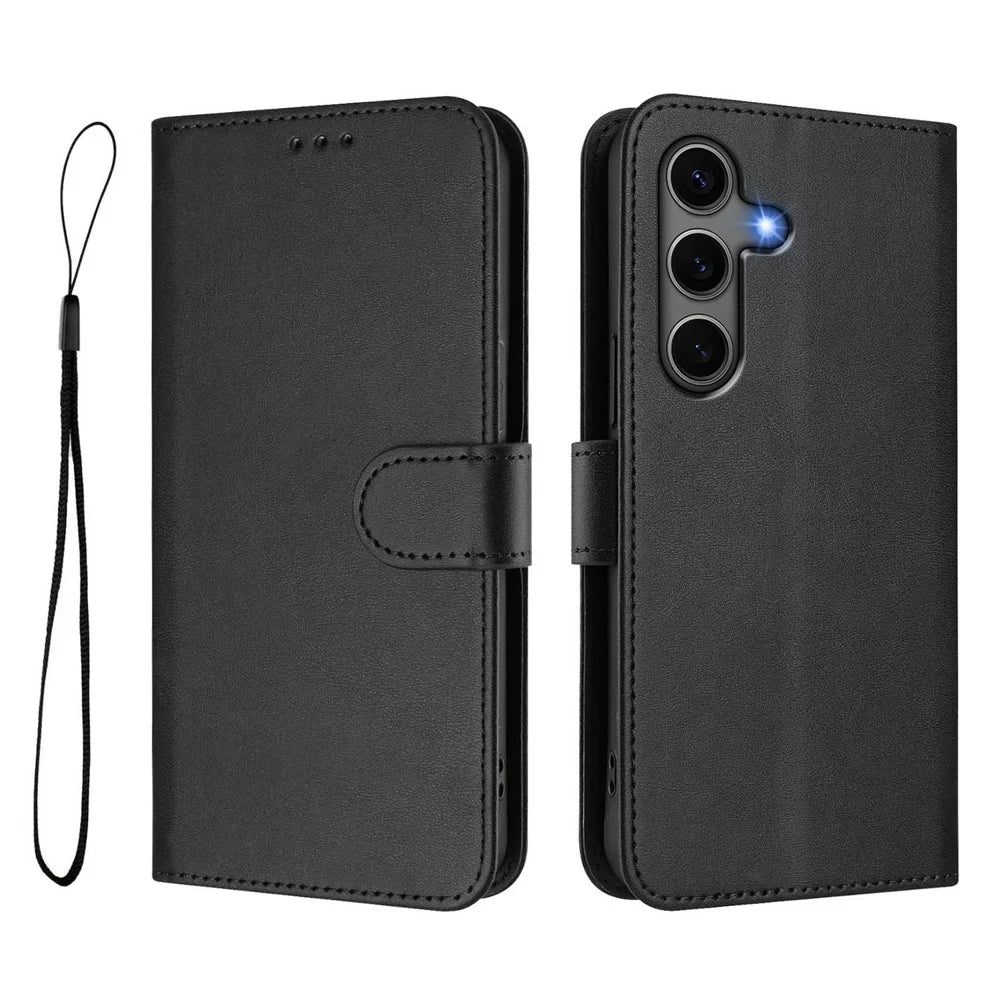 For Samsung Galaxy S24+ / Galaxy S25+ Wallet Case RFID Blocking Calf Texture Leather Stand Phone Cover with Strap - Black - 1
