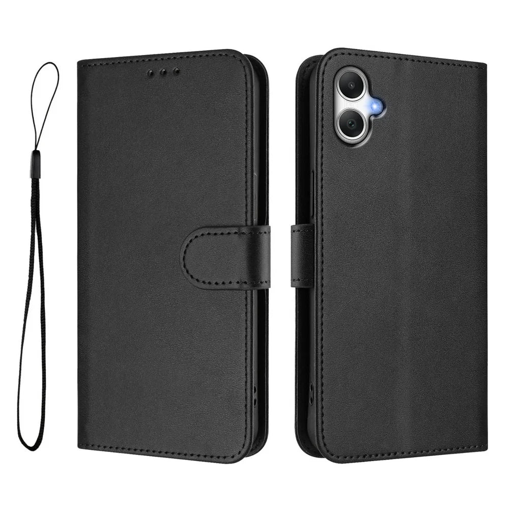 For Samsung Galaxy A06 5G / Galaxy A06 4G Wallet Case RFID Blocking Calf Texture Leather Stand Phone Cover with Strap - Black - 1