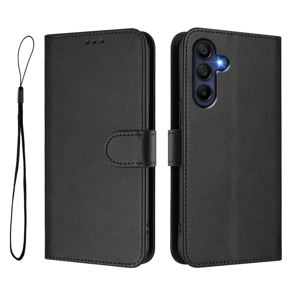 For Samsung Galaxy A26 5G Wallet Case RFID Blocking Calf Texture Leather Stand Phone Cover with Strap - Black - 1