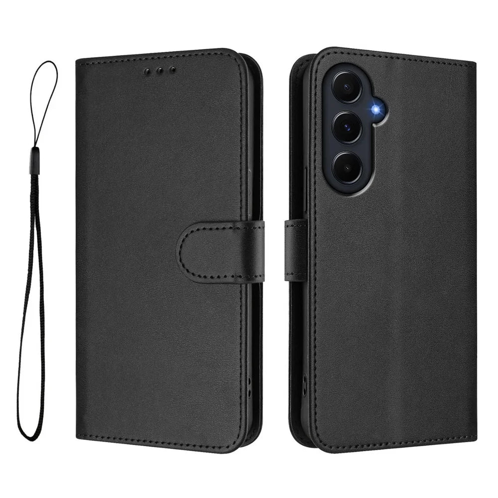 For Samsung Galaxy A55 5G Wallet Case RFID Blocking Calf Texture Leather Stand Phone Cover with Strap - Black - 1